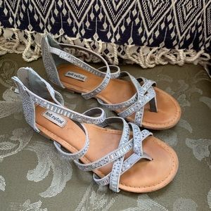 Strappy silver/gray sandals with subtle jewels